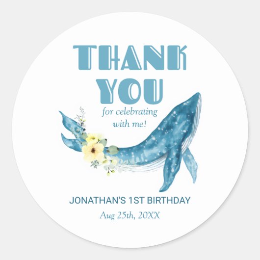 Sticker Rond Cute Blue Whale Jaune Floral Merci d'anniversaire (Devant)