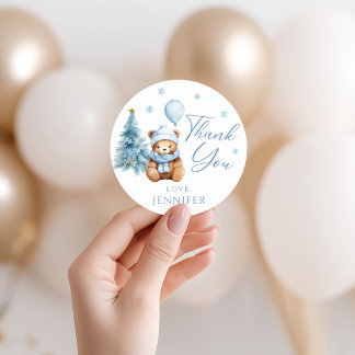 Sticker Rond Cute Blue Winter Teddy Bear Baby Shower Thank You
