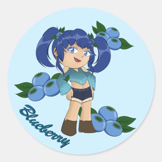 Sticker Rond Cute Blueberry Thème Chibi avec bleuets (Devant)