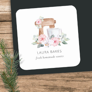 Sticker Rond Cute Blush Rose Floral Gâteau Mixer Boulangerie Re