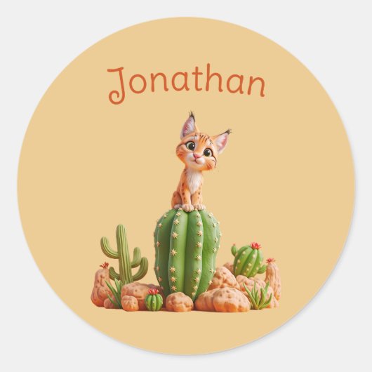 Sticker Rond Cute Bobcat sur cactus (Devant)