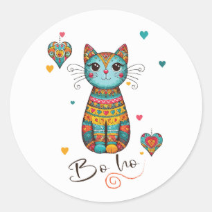 Sticker Rond Cute Boho Coloré Chat Floral