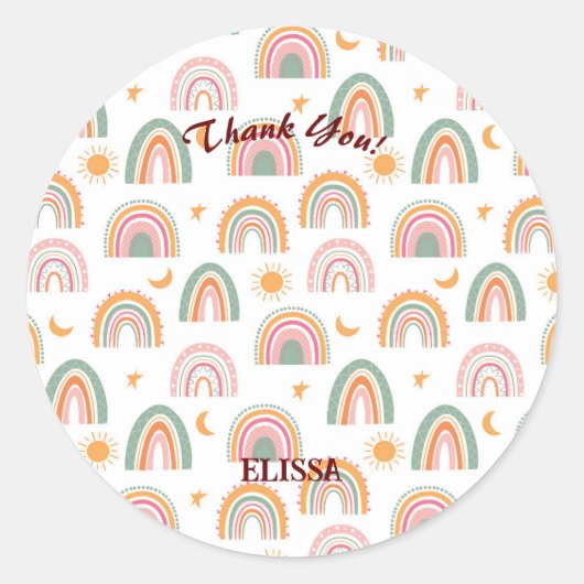 Sticker Rond Cute Boho Rainbow Motif Nom personnalisé Merci (Devant)