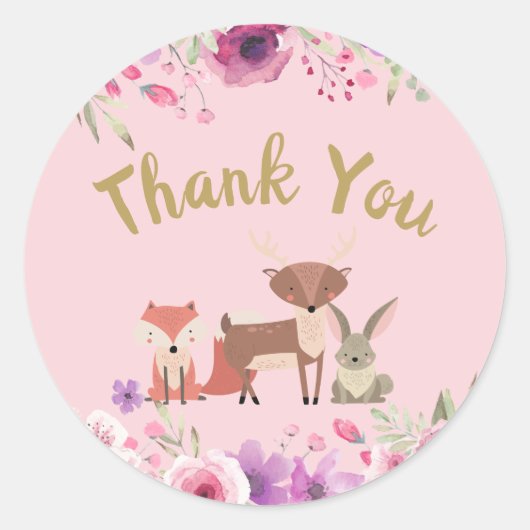 Sticker Rond Cute Bois Animaux Floral Merci rose (Devant)