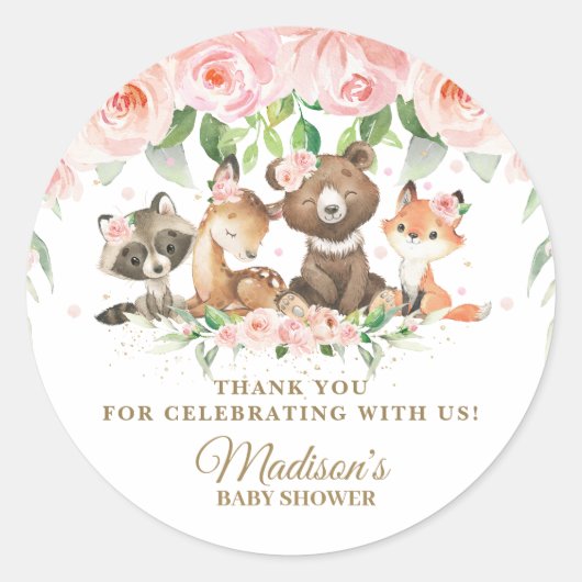 Sticker Rond Cute Bois Animaux Rose Floral Merci Favoriser (Devant)