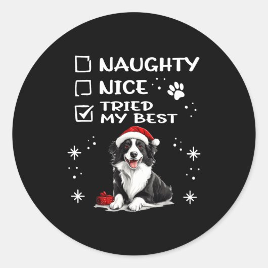 Sticker Rond Cute Border Collie Dog Christmas Naughty Nice Trie (Devant)