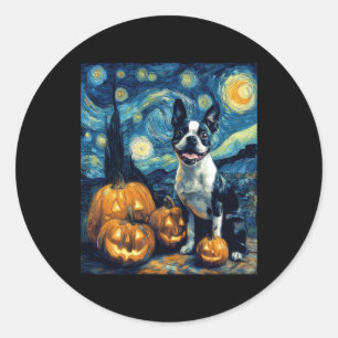 Sticker Rond Cute Boston Terrier Chien Halloween Jack-o'-lanter