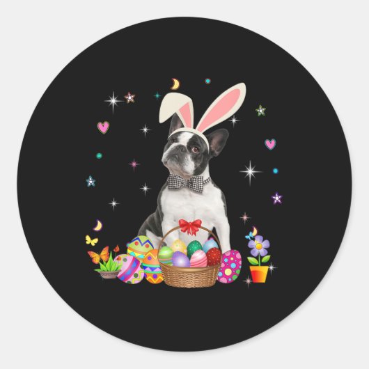 Sticker Rond Cute Boston Terrier Jour de Pâques Oeufs de lapin (Devant)
