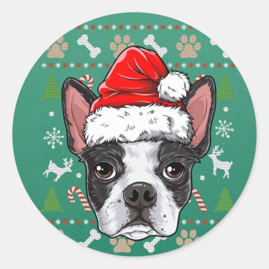 Sticker Rond Cute Boston Terrier Ugly Christmas Sweater Santa (Devant)