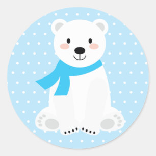 Sticker Rond Cute Boy Polar Bear Baby shower Bleu