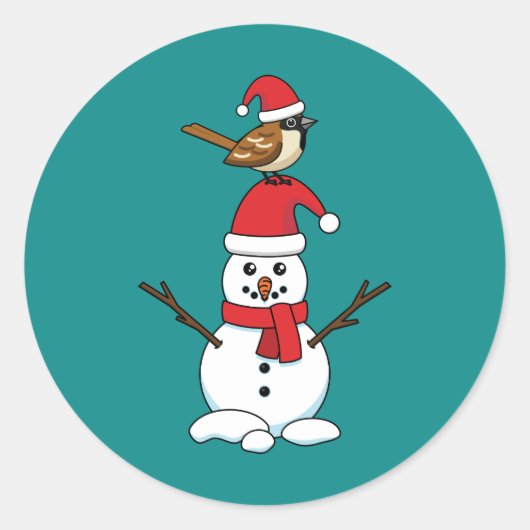 Sticker Rond Cute Bruant sur Snowman (Devant)