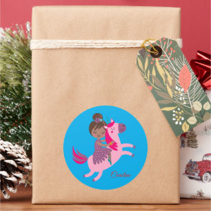 Sticker Rond Cute Brunette Haired Girl équitation sur une licor