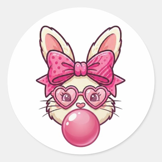 Sticker Rond Cute Bubblegum Bunny with Heart Glasses (Devant)