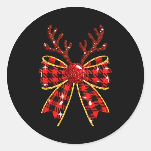 Sticker Rond Cute Buffalo Plaid Coquette Bow Reindeer Christmas (Devant)
