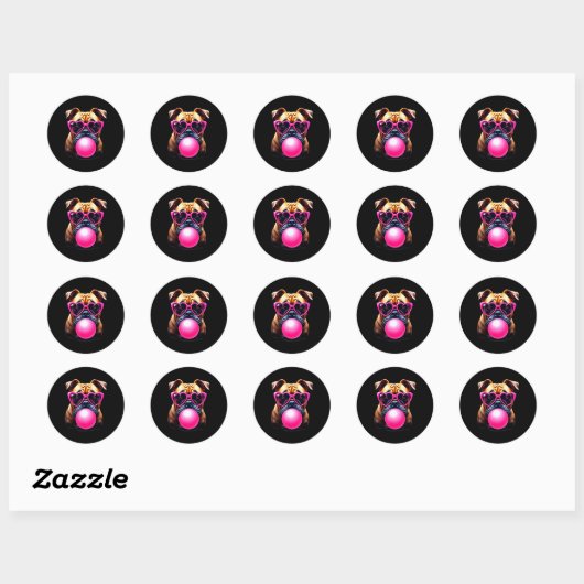 Sticker Rond Cute Bulldog Blowing Bubble Gum (Feuille)