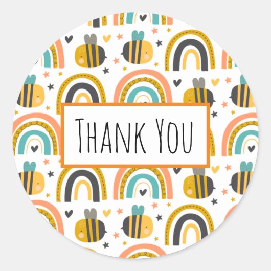 Sticker Rond Cute Bumble Bee et Rainbows Motif Merci (Devant)