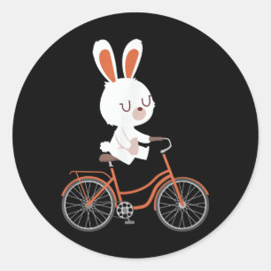 Sticker Rond Cute Bunny On Bike Rabbit Cycling Bicycle Bunny