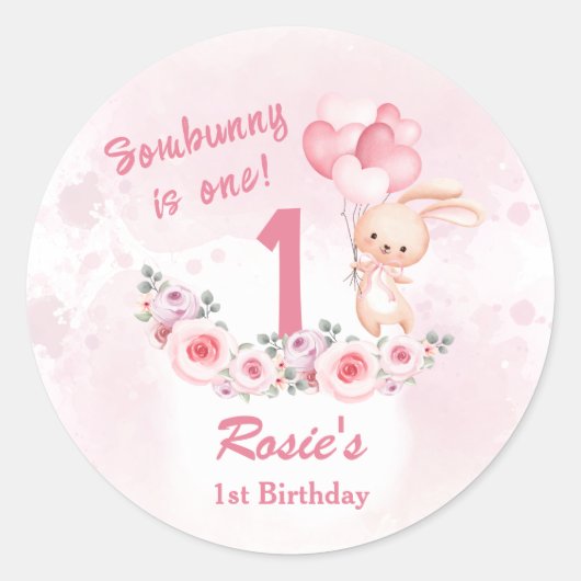 Sticker Rond Cute Bunny rose 1er Anniversaire Fille Printemps F (Devant)