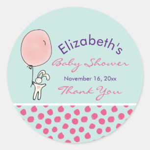 Sticker Rond Cute Bunny tenant un Baby shower de ballons