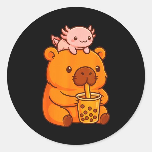 Sticker Rond Cute Capybara Drinking Bubble Tea And Axolotl Kawa (Devant)