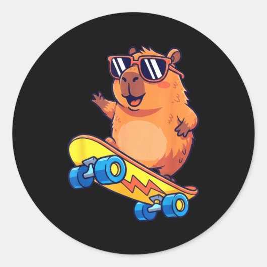 Sticker Rond Cute Capybara Skateboarding Chill Animal Lover Art (Devant)