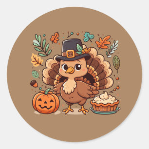 Sticker Rond Cute caricature Thanksgiving dinde et citrouille