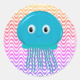 Sticker Rond Cute Cartoon Jellyfish Dans Océan Coloré