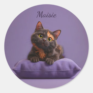 Sticker Rond Cute Cartoon Tortoiseshell Kitten sur Purple Cushi