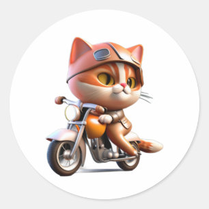 Sticker Rond CUTE CAT chevauchant une motocyclette classique T-