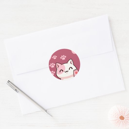 Sticker Rond Cute Cat Design  (Enveloppe)