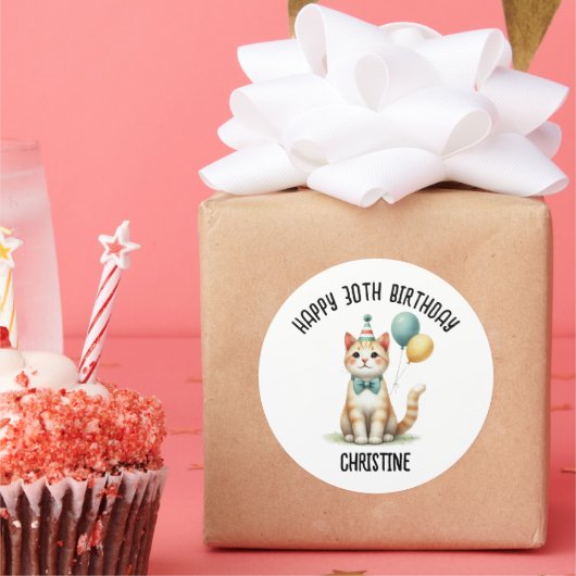 Sticker Rond Cute cat fête d'anniversaire (Fête)