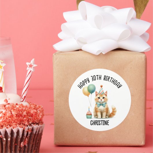 Sticker Rond Cute cat fête d'anniversaire (Fête)