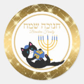 Sticker Rond Cute Cat Gold Menorah dreidel Jewish Hanoukka (Devant)