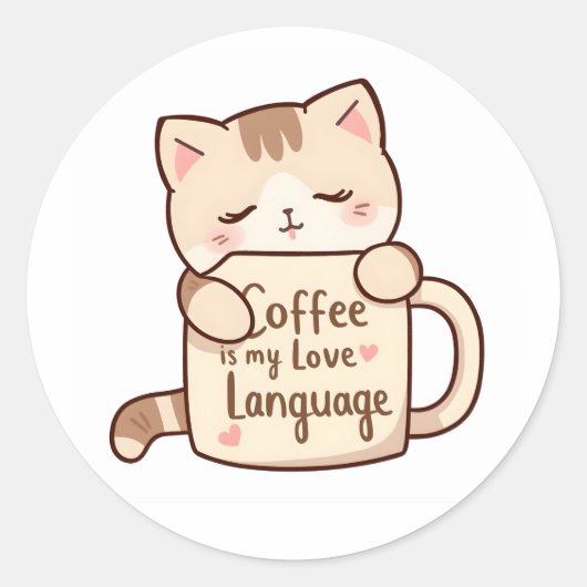 Sticker Rond Cute Cat Hug Coffee Love Language (Devant)