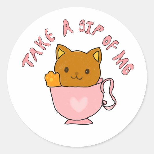 Sticker Rond Cute Cat in Teacup Illustration – Take a Sip of Me (Devant)