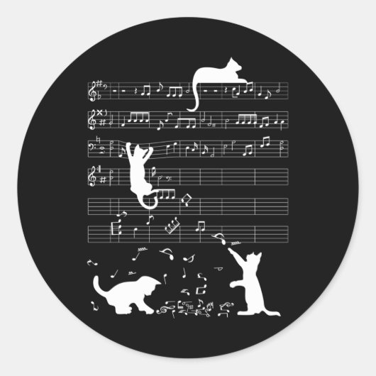 Sticker Rond Cute Cat Kitty Playing Music Note Clef (Devant)