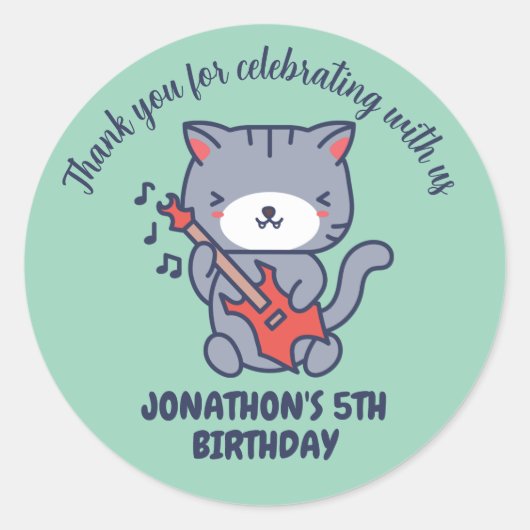 Sticker Rond Cute Cat Play Guitare Anniversaire de enfant Party (Devant)