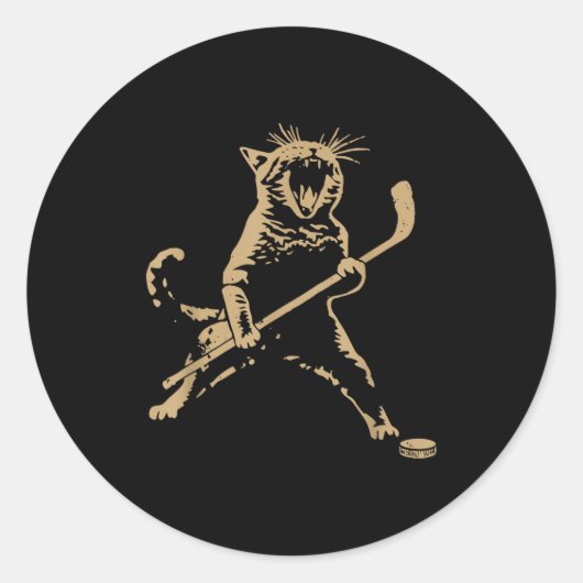 Sticker Rond Cute Cat Playing Ice Hockey Lover Player Funny  (Devant)
