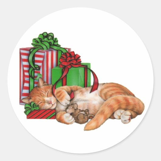 Sticker Rond Cute Cat, souris et cadeaux de Noël (Devant)