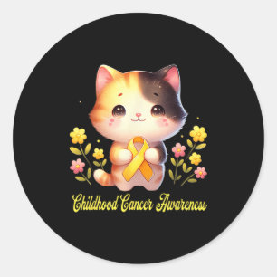 Sticker Rond Cute Cat tenant le ruban Sensibilisation au cancer