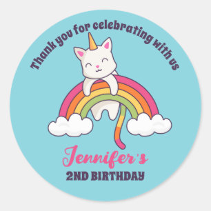 Sticker Rond Cute Cat Unicorn Filles Anniversaire Fête Favorise