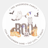 Sticker Rond Cute Cats Boo Ghost Happy Halloween Adresse de ret (Devant)