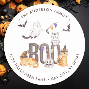 Sticker Rond Cute Cats Boo Ghost Happy Halloween Adresse de ret