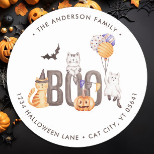 Sticker Rond Cute Cats Boo Ghosts Halloween Adresse de retour