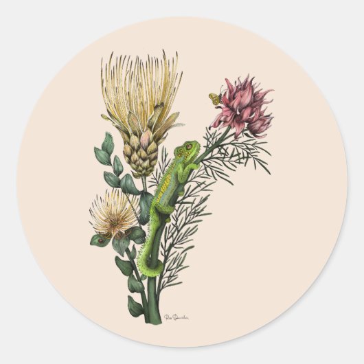 Sticker Rond Cute Chameleon en Floral Bouquet Art Botanique (Devant)