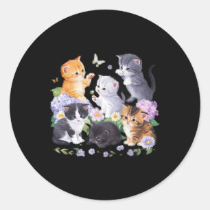 Sticker Rond Cute Chat Avec Fleurs Pour Amoureux de les chats F