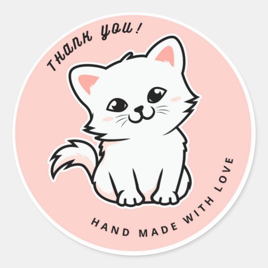 Sticker Rond Cute Chat Blanc Rose Fait À La Main Avec Merci D'A (Devant)