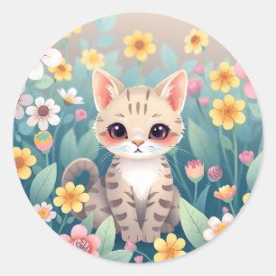 Sticker Rond Cute Chat dans le jardin Entouré de fleurs Pastel