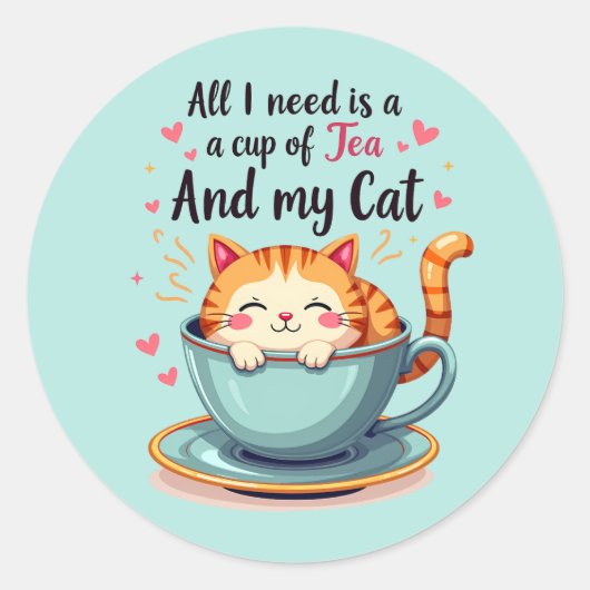 Sticker Rond Cute Chat en Teacup Kawaii Art Cosy (Devant)