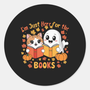 Sticker Rond Cute Chat Et Fantôme Lecture Halloween Livres Scèn